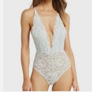 NWT Free People X HAH Comin in Haht Lace Bodysuit lingerie Top XS Something Blue